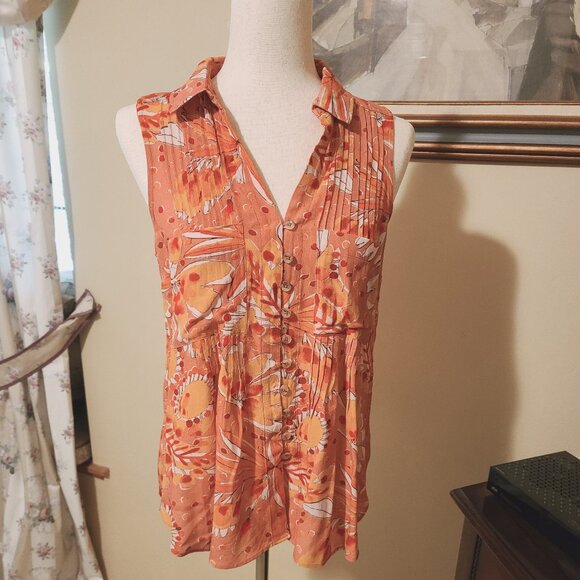 Vera for Anthropologie orange collared button front sleeveless blouse S NWOT - Picture 1 of 6